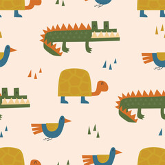Cute Jungle Animal Seamless Vector Pattern. Repeating Print for Baby Clothing, Kids Fabric, and Digital Scrapbook