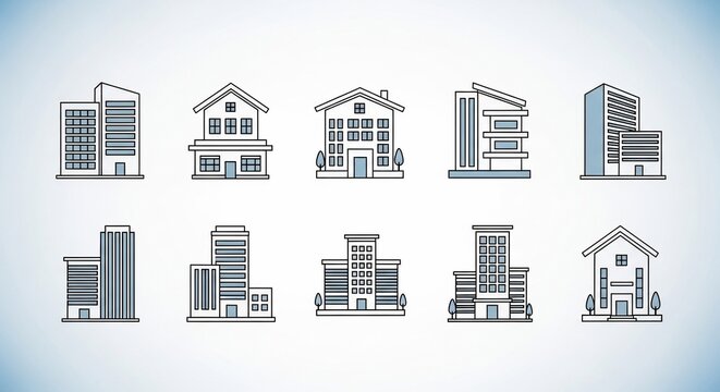 A collection of ten diverse building icons including houses, offices, and commercial structures, depicted in a grey and light blue color scheme.
