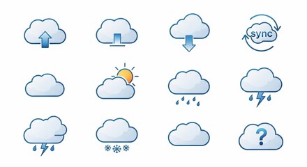 A grid of twelve blue and white cloud icons representing various weather conditions and cloud computing actions like upload, download, and synchronization.
