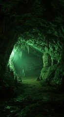 Mysterious cave interior with green lighting and stalactites