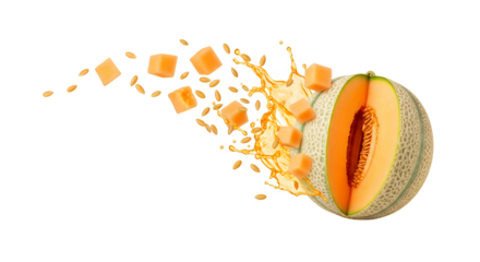 Half a fresh cantaloupe melon exploding with juicy cubes and a vibrant splash of liquid, isolated on a clean white background