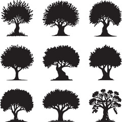 Set of diverse tree silhouettes, nature icons for environmental design