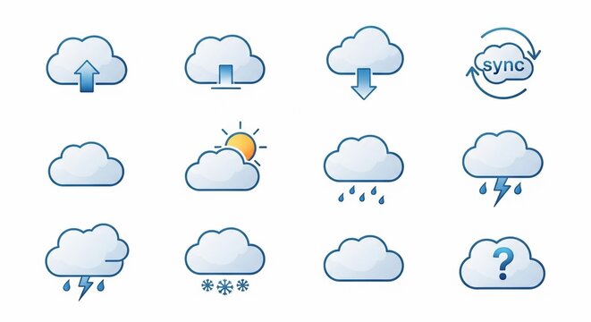 A grid of twelve blue and white cloud icons representing various weather conditions and cloud computing actions like upload, download, and synchronization.