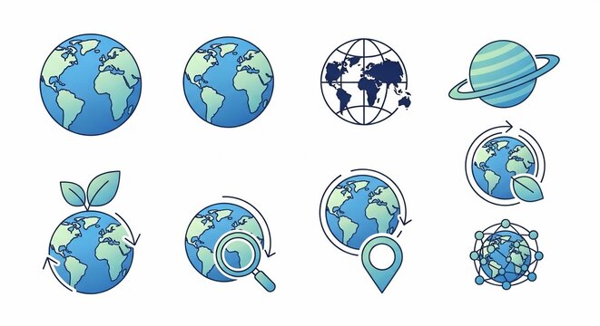 A collection of blue and green Earth globe icons with various environmental and geographical themes.