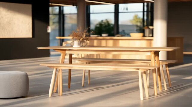 Modern wooden dining table benches spacious minimalist interior warm natural sunlight