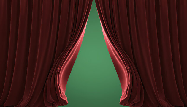 A pair of elegant red stage curtains partially opened, revealing a soft green backdrop, inviting the audience to the show.