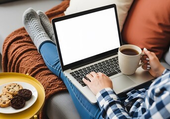 Person Working on Laptop with Blank Screen on Sofa Cozy Remote Work and Home Lifestyle