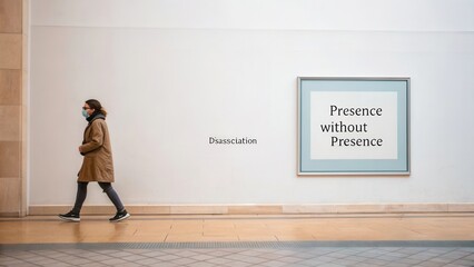 Obraz premium Person Walking in Gallery with Art Displaying Words about Existence and Absence, Contemporary, Quiet Atmosphere