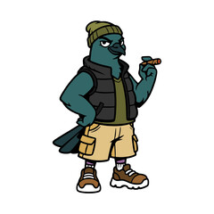 Cool pigeon cartoon character with a confident swagger, wearing a beanie, vest, and cargo shorts while puffing on a cigar, ready for anything