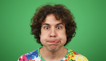 A playful young man makes a funny face with exaggerated expressions, showcasing humor and fun in a vibrant, colorful shirt.