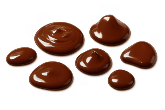Melted chocolate sauce drops forming sweet puddles on a transparent background, perfect for dessert toppings