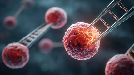 Scientific instruments precisely manipulating a glowing red cell, illustrating groundbreaking genetic engineering, advanced biological research, and the future of cellular therapies