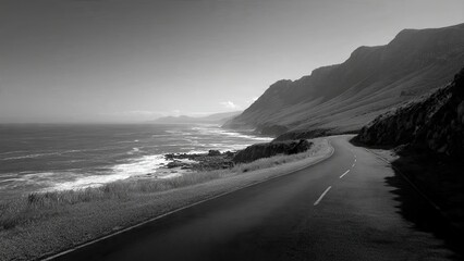Coastal road winds through mountains and meets ocean on a cloudy day generative ai