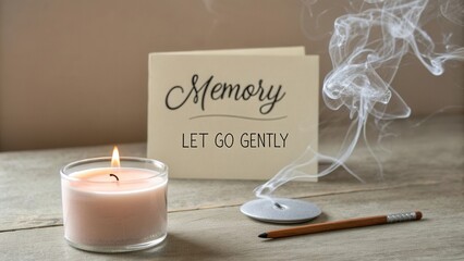 Serene Candle and Memory Card with Gentle Smoke on Wooden Surface for Relaxation and Reflection