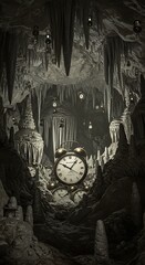 Dramatic clock display within a dark cavern interior with stalactites