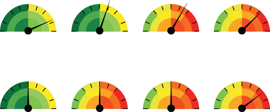 Set of radial gauges visualizing various levels, from optimal green to critical red, representing diverse performance metrics, risk assessments, or data progression