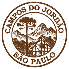 Selo de Campos do Jordão, São Paulo, Brasil. Ilustração com araucária, vista das montanhas na serra da mantiqueira, e arquitetura típica alemã.
