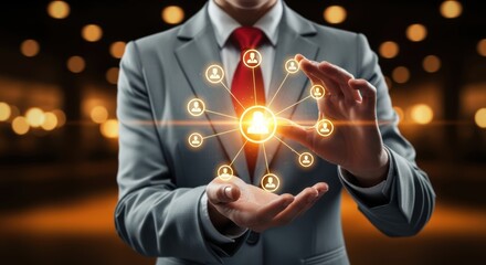 Person in suit presenting a network of connected people highlighting relationship marketing and team collaboration in modern business