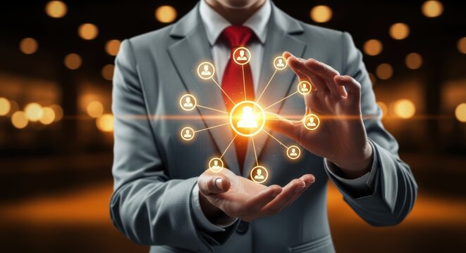 Person in suit presenting a network of connected people highlighting relationship marketing and team collaboration in modern business