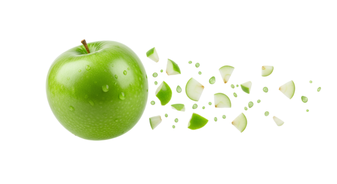 Vibrant green apple in motion, bursting into crisp, juicy slices, symbolizing freshness, healthy energy, and dynamic transformation against a pristine white background