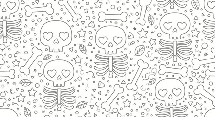 Halloween pattern with skeletons, bones and stars, seamless vector design for spooky season celebration