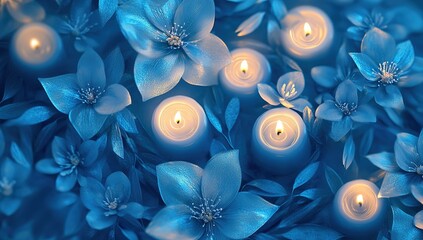 A pattern of glowing candles and delicate blue flowers, creating an enchanting atmosphere with soft lighting and intricate details. The background is a deep blue color, adding depth to the design.
