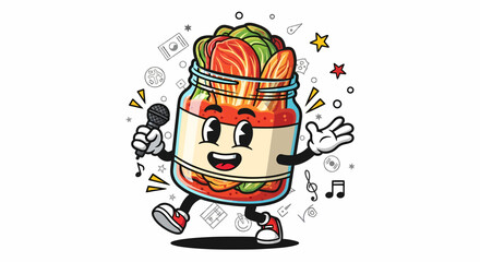 Cute Kimchi Jar Mascot Singing with Microphone.