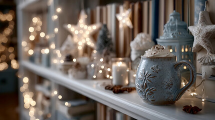 festive mug decor, Christmas bookshelf, cozy indoor lights
