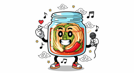 Kimchi Jar Cartoon Character Singing with Microphone.