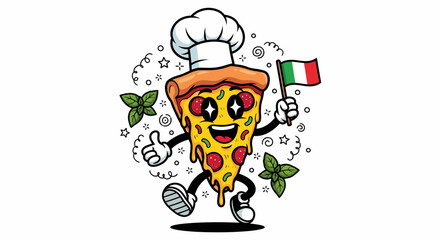 Happy Pizza Slice Chef Mascot Holding Italian Flag.