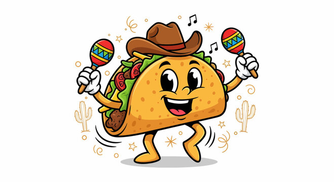 Happy cartoon taco character dancing with maracas and a cowboy hat.