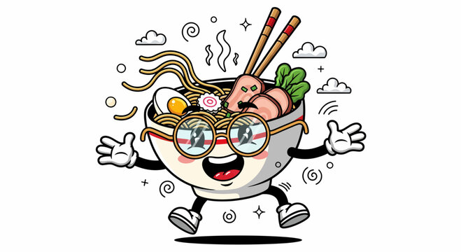 Happy cartoon ramen bowl character with glasses jumping.