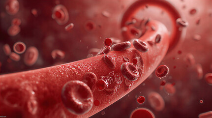 3D microscopic illustration of red blood cells flowing through a blood vessel, showing detailed vascular texture and fluid movement.
