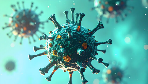 3D microscopic illustration of a virus particle with detailed spikes and cellular texture, representing infection and microbiology.