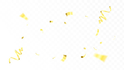 Realistic falling golden confetti and shiny streamers isolated on a transparent background for festive celebration design elements