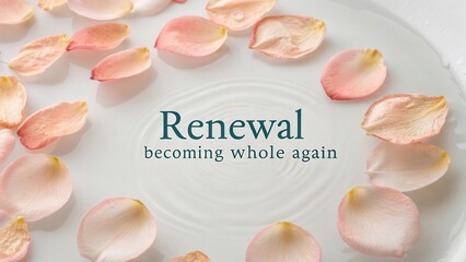 Serene Water Surface with Pink Petals and Inspirational Text About Renewal and Wholeness in a Calm Environment