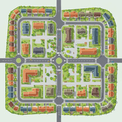 A detailed aerial view showcases a meticulously planned residential community with homes, businesses, roads, and green spaces, illustrating urban planning concepts.