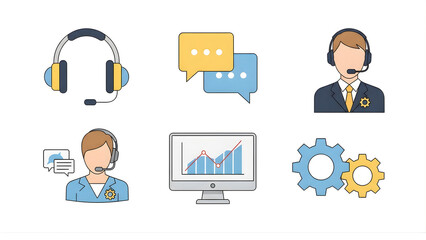 Flat line vector icons for modern customer service and efficient business solutions, showcasing call center support, communication, data analytics, and optimized operations