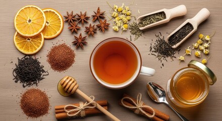 Overhead shot of herbal tea ingredients including cinnamon sticks and dried orange slices arranged on a wooden surface for a wellness concept