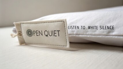 Soft pillow with a tag and motivational text encouraging peace and quiet, perfect for relaxation or a serene setting