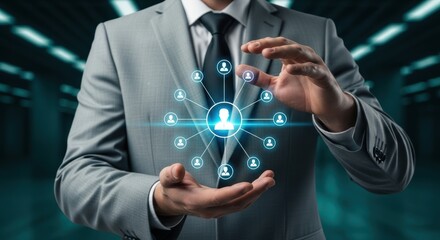 Business professional displays network connections using modern technology for human resources and recruiting in digital workspace