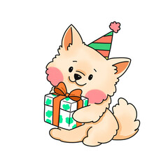 Cute Party Dog PNG | Kawaii Puppy With Gift Clipart | Birthday Celebration Illustration