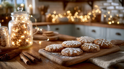 Christmas kitchen, holiday baking setup, festive cookie display
