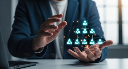 Person displaying digital organizational chart demonstrating business management and team hierarchy for corporate success