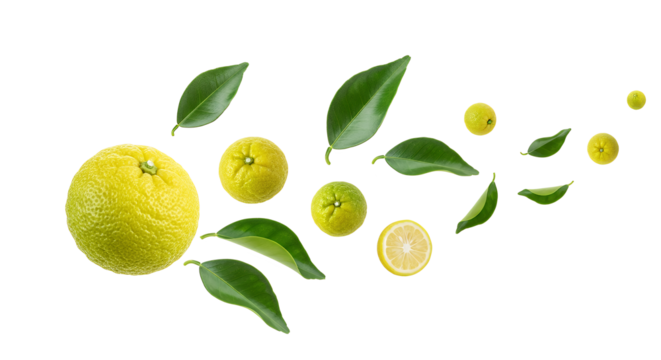 A lively arrangement of ripe green citrus fruits and verdant leaves elegantly suspended and dispersing, embodying the essence of natural freshness and vitality against a pristine white backdrop - Powered by Adobe