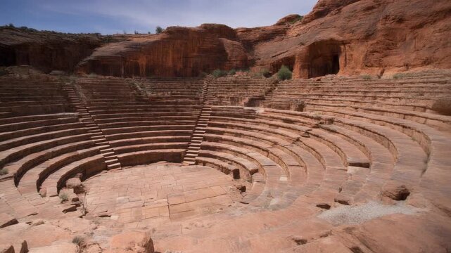 Ancient rock-cut amphitheater with tiered seating carved into red sandstone cliffs under a clear sky.