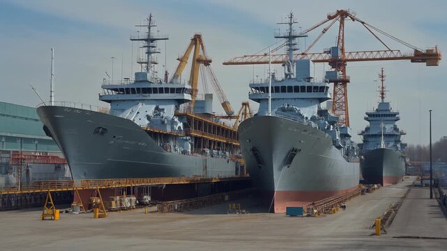 Three large grey naval or supply ships docked in a shipyard with cranes in the background under a partly cloudy sky.