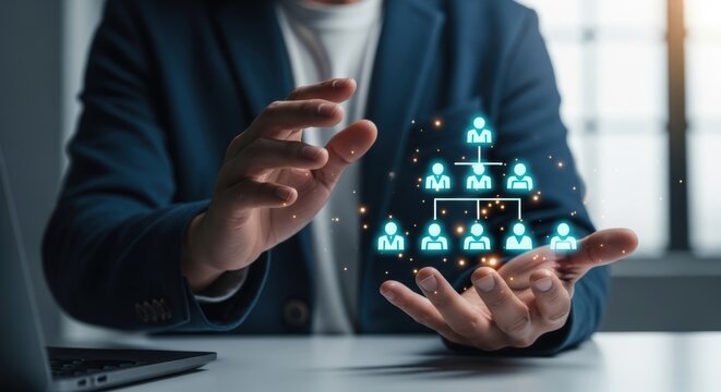 Person displaying digital organizational chart demonstrating business management and team hierarchy for corporate success