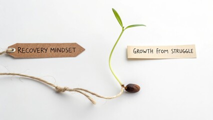 Symbolic representation of recovery mindset and growth from struggle with seedlings and labels on a light background