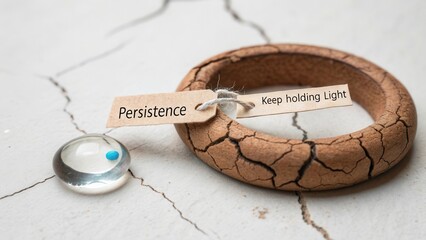 Symbol of persistence with water droplet and cracked ring, showcasing motivation and resilience in personal growth and development